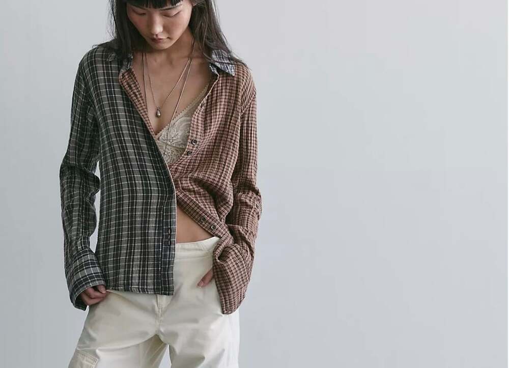 Free People We The Free Benny Slim Plaid Button-Down Shirt size  Large